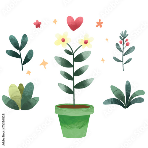 Potted plants set. Interior houseplants in planters, baskets, flowerpots. Home indoor green decor. Set collection vector illustration watercolor 
