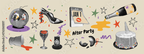 After Party halftone collage sticker set. Retro cut out elements with champagne, confetti, shoe and funny morning mood. Trendy vintage vector illustration for modern collage and pop art design.