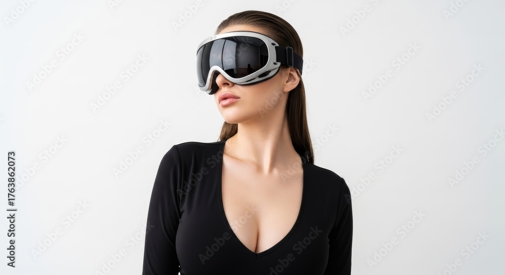 Naklejka premium woman wearing goggles on her head on a solid white background