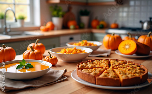 Pumpkin dishes including soup and pie on wooden kitchen table with pumpkins