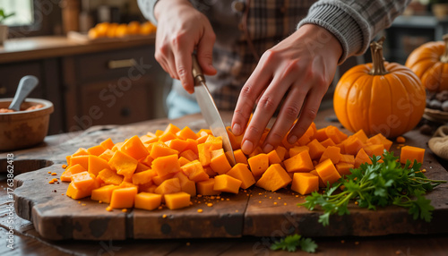 Man cutting pumpkin for home cooking on wooden table, vegetarian food.