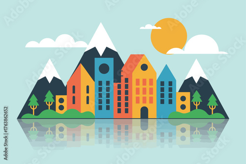 This image showcases a vibrant, geometric cityscape with houses and buildings nestled at the base of snow-capped mountains, perfectly reflected in the calm water below.