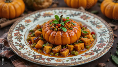 Stewed pumpkin stuffed with vegetables, served on a decorative plate, delicious recipe, vegetarian concept