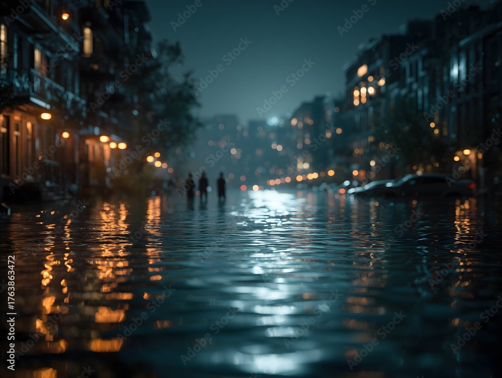Fototapeta premium Photorealistic flooded city after climate disaster, showing destruction, reflection, and survival in a dystopian urban landscape.