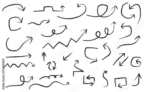 ink brush hand drawn arrows vector collection black sketch directional icons for graphic design and educational use.
