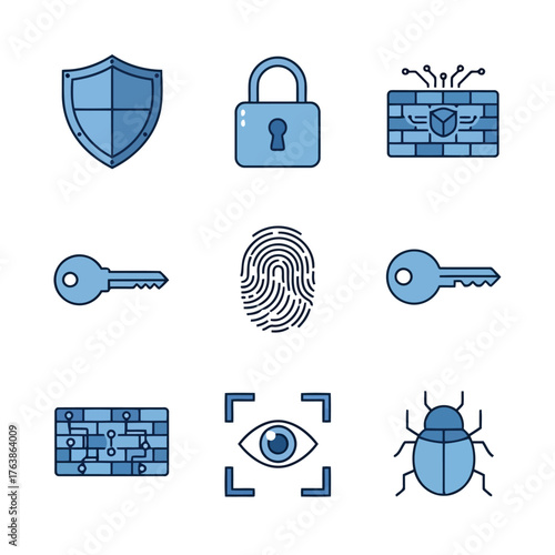 Vector illustration of cybersecurity and protection icons shield, lock, key, fingerprint