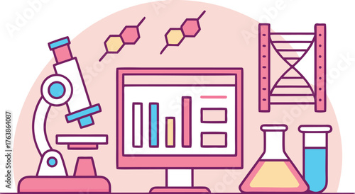 Biotechnology and Science Design Set. Molecular Biology and DNA Illustration. Genetic Research and Bioengineering Concept. Modern Biotechnology and Scientific Innovation. Laboratory Equipment and DNA