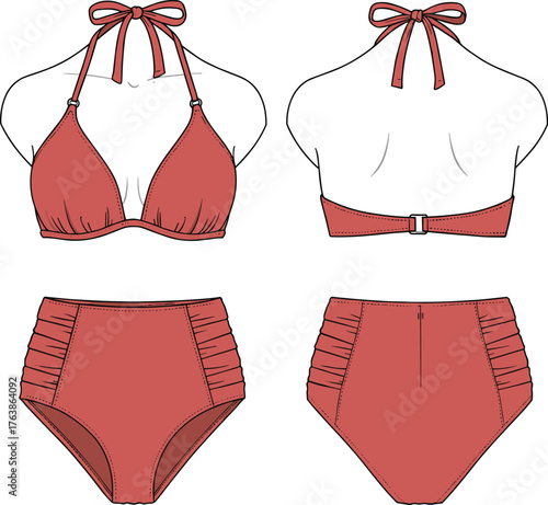 Vintage high waisted bikini swimsuit vector illustration, halter top and ruched bottom, front and back fashion design template