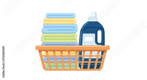A laundry basket filled with folded towels and a bottle of detergent