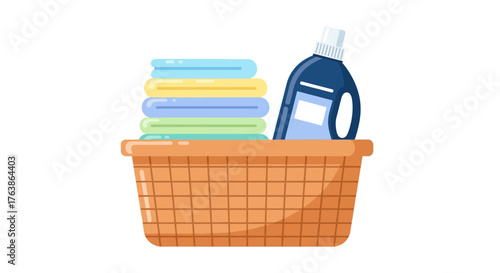 Laundry basket with folded towels and detergent bottle