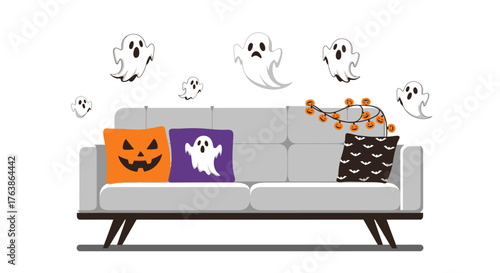 Halloweenthemed sofa with ghost and pumpkin decorations