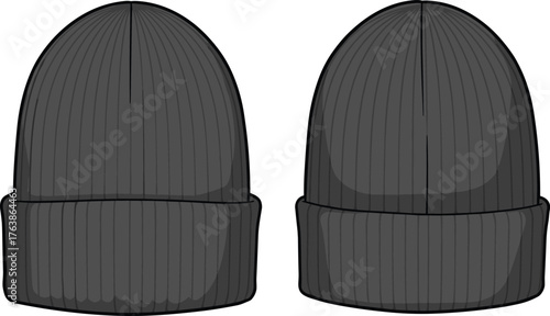 Black knit beanie winter hat fashion accessory, ribbed texture warm headwear, cozy clothing design for cold weather apparel illustration