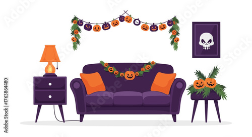 Halloween decorated living room with purple couch and pumpkin accents