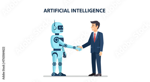 A robot and a businessman shake hands with ARTIFICIAL INTELLIGENCE above