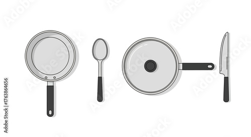 A collection of kitchen utensils including a frying pan spoon pot lid and knife