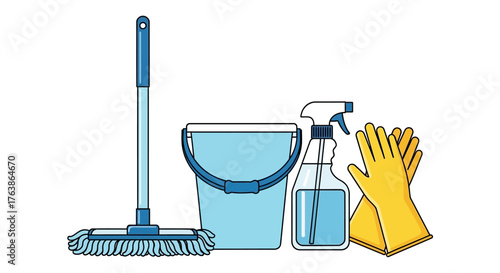 A mop bucket spray bottle and gloves for cleaning