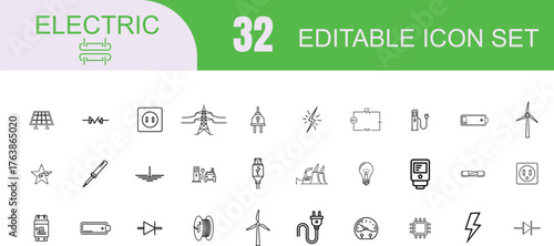 Collection of 32 editable line art icons representing electricity power and energy concepts