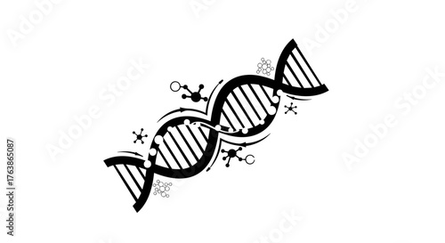 DNA double helix structure with molecular bonds in black and white.
