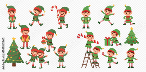 Festive Christmas elf cartoon characters in various poses and activities, isolated on a transparent background.