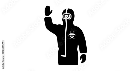 Protective Suit Person Raising Hand Warning Danger Biohazard.
