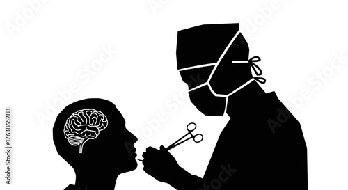 Silhouette of a surgeon operating on a patients brain symbolizing mental health and medical intervention.