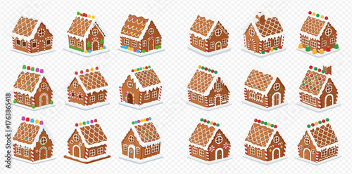 Collection of gingerbread houses, each uniquely decorated with icing and candies.