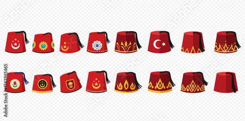 A collection of red fez hats, each adorned with unique symbols and patterns, arranged in rows against a transparent background.