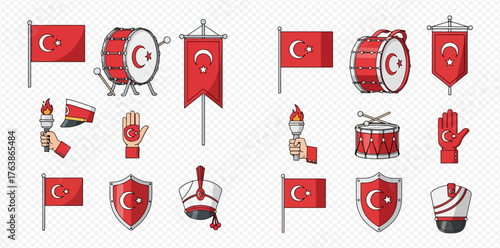 Illustrations of Turkish symbols: flags, drums, banners, hand, shield, torch, and fez.