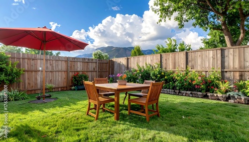 Backyard scene with seating under a red umbrella, lush greenery