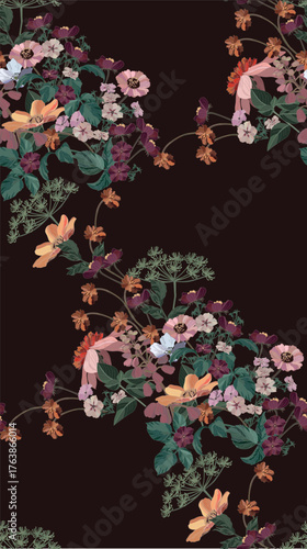 Flowers and leaves in vintage style, seamless pattern.