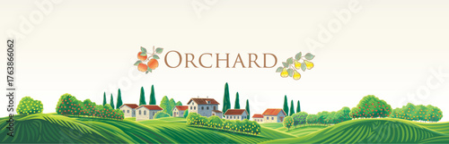 Vector illustration of a rural landscape in a panoramic format. The scene includes orchards, a village, and green hills.