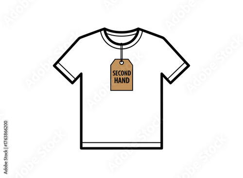 A second‑hand T‑shirt with a tag, sold at a thrift shop that promotes circular, eco‑friendly fashion and sustainable economic living