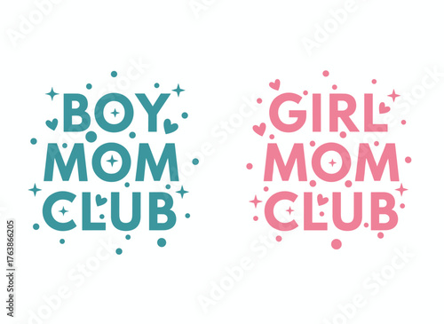 T-shirt design featuring “Boy or Girl Mom Club” lettering, with quotes for Mother’s Day gifts and gender reveal, styled in groovy wavy retro, suitable for proud moms of boys and girls