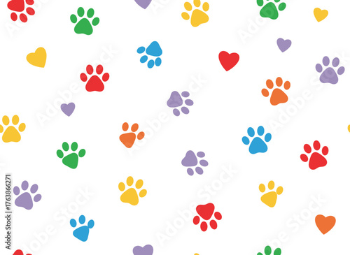 A seamless pattern of a dog paw and cat footprint against a colorful background promotes pet adoption, veterinary care, and homeless pet rescue