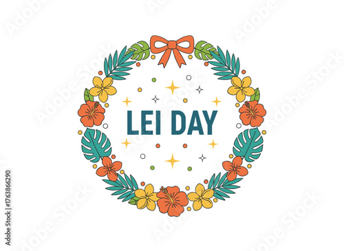 Lei Day: a necklace of artificial flowers and a flower lei garland background for a Hawaiian Lei Day concept
