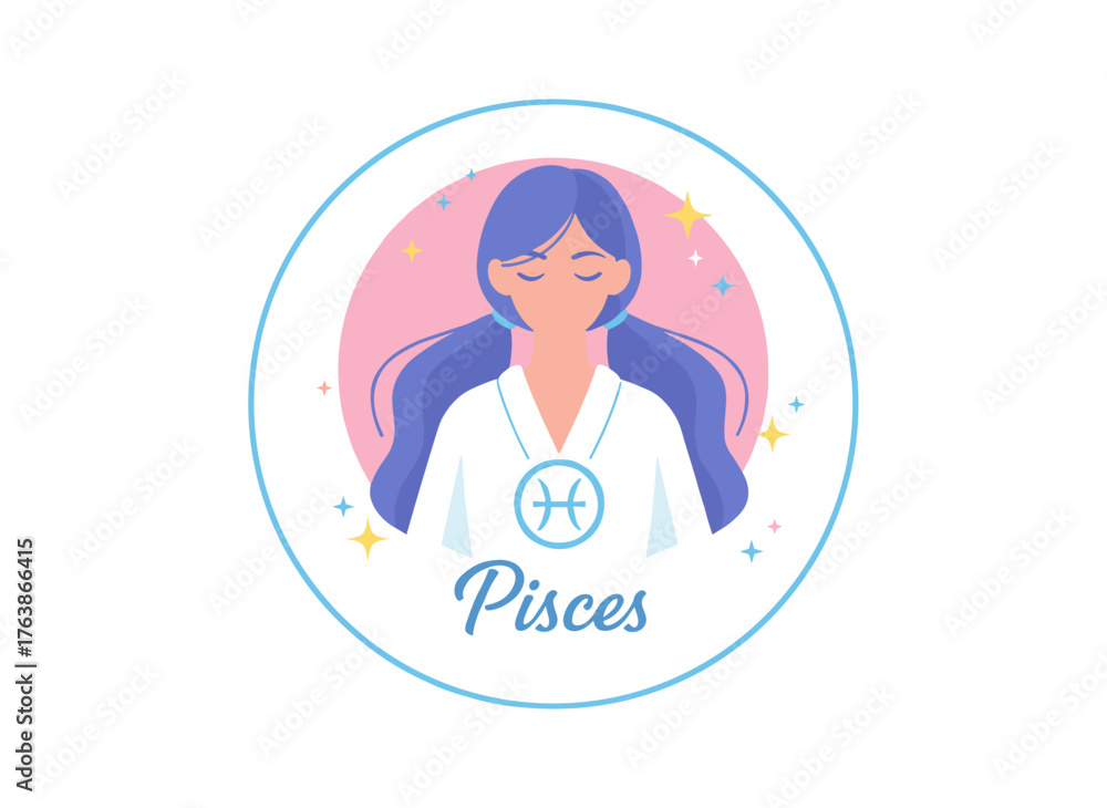 Obraz premium Pisces zodiac sign portrayed as a beautiful woman in a vector illustration, encompassing astrology profile, future telling, horoscope, alchemy, spirituality, occultism, and fashion
