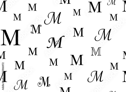 A vector seamless alphabet pattern featuring bold black Latin letters on a repeatable, unusual white background, showcasing a trendy fashion design with the letter M