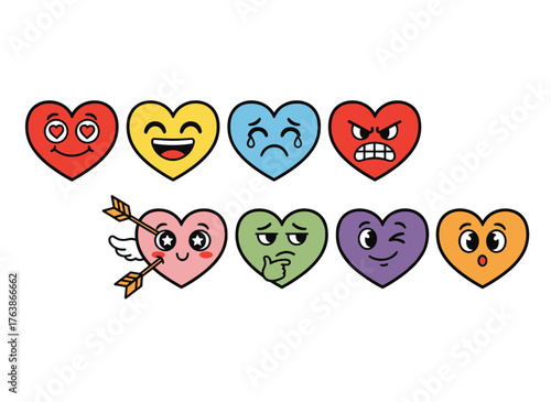 These groovy heart stickers blend retro love, a crazy smiley face, and cute hearts into a fun, happy Valentine's Day concept