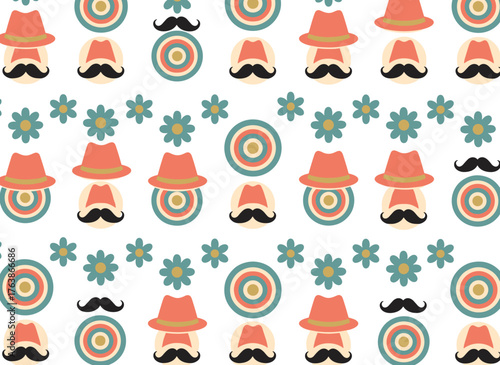 A seamless pattern featuring a cute Turkish evil eye, a tulip, a glass of tea, and a Turkish red hat fez