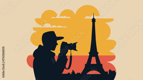 Capture the magic of Paris with a photographer's eye, a silhouette against the Eiffel Tower, evoking travel dreams and creative inspiration