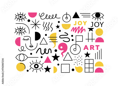 A Memphis-inspired set of design elements featuring geometric patterns, retro 80s motifs for textiles, web, and backgrounds, embodying a fashionable and trendy aesthetic