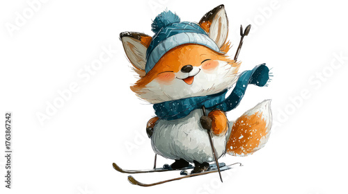 Cute cartoon fox character wearing a blue hat and scarf, happily skiing on snow-covered slopes, showcasing a playful winter adventure theme. transparent background
