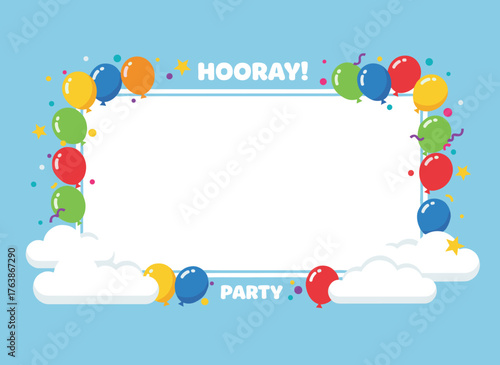 A blue sky backdrop with balloons floating around, forming a birthday-themed illustration