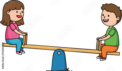 Children playing on seesaw enjoying outdoor fun and balanced teamwork in playground activity vector illustration 