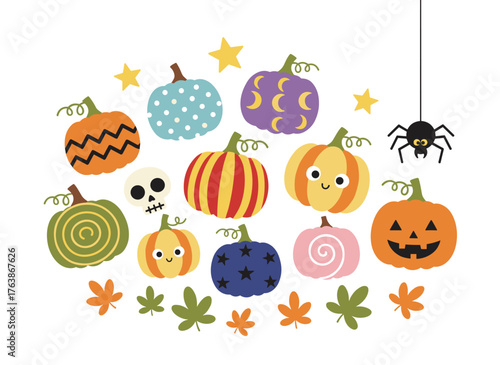 A collection of adorable Halloween pumpkins set against an autumn backdrop, illustrated in vector style with autumn leaves, a pumpkin, and a skull