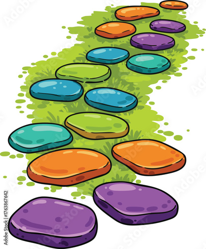 Colorful stepping stones pathway on grassy ground in playful outdoor garden design vector illustration 