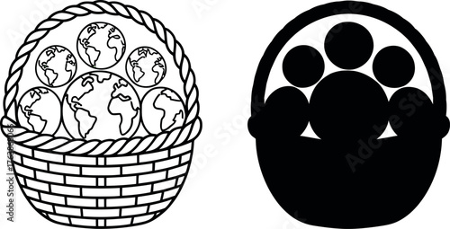Basket full of Earths illustration on white background representing global conservation and environmental protection