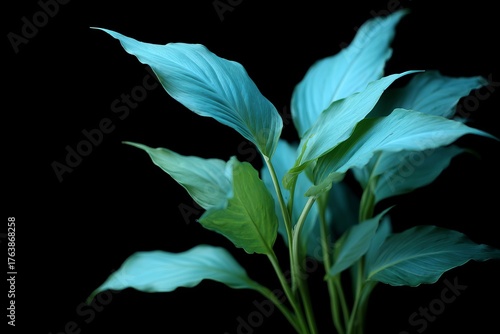Tropical leaves green black background. Vibrant blue green leaves stand out against dark backdrop, perfect for nature or decor themes.