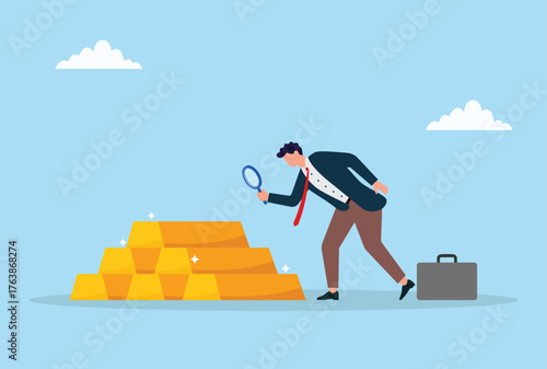 Vector illustration of a businessman examining gold bars with a magnifying glass, symbolizing investment analysis, wealth inspection, financial security, and economic evaluation in business
