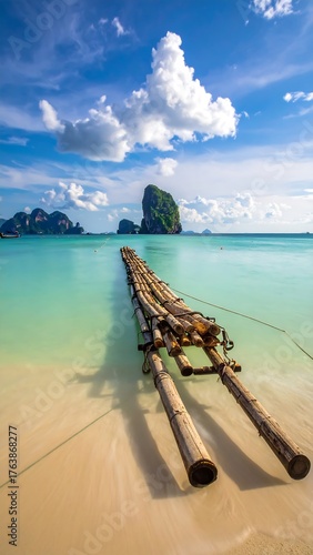 Bamboo pier extending into turquoise waters on a sunny beach day